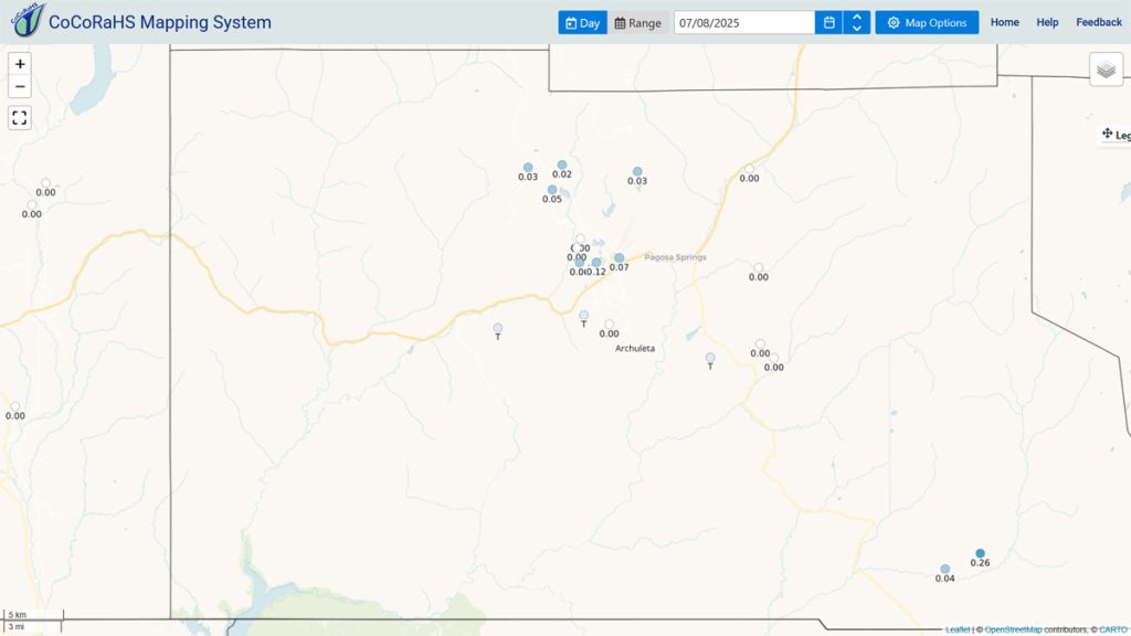 CoCoRaHS 24-hour rain reports range from zero to 0.26”.