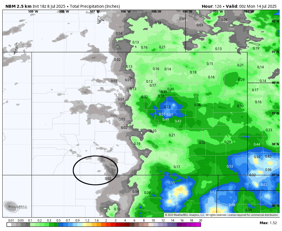 NBM precip to Sunday evening shows the Pagosa area mostly dry and up to 0.10” in our mountains. A mountain shower could move over a lucky neighborhood and drop a few raindrops, but I think most of us will stay dry.