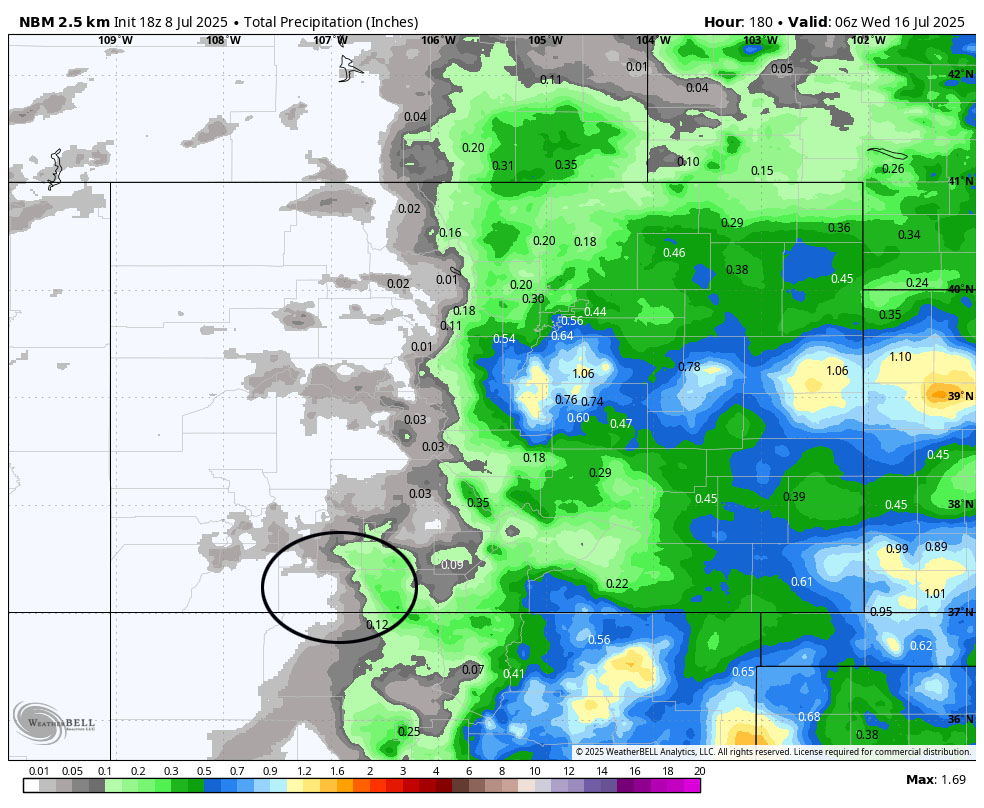 NBM precip to late next Tuesday evening shows a little more precip in the Pagosa and in our mountains. It’s going to hit and miss.