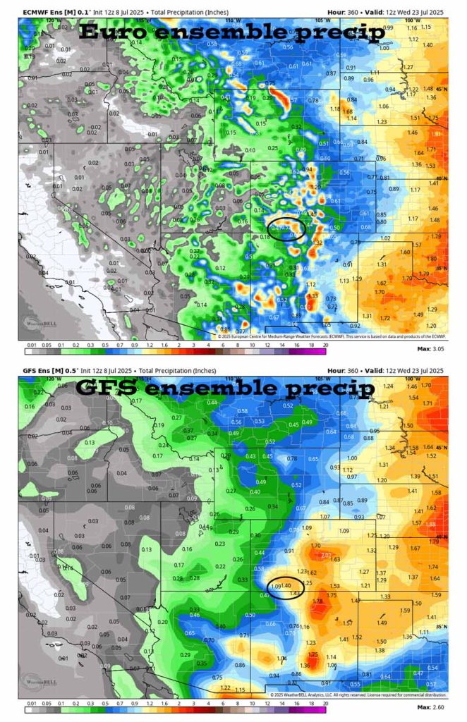 On the top, Euro ensemble precip to 23 Jul at 6am shows 0.52” in the Pagosa area. On the bottom, GFS ensemble precip shows 1.40”. That’s a big difference. Go GFS!