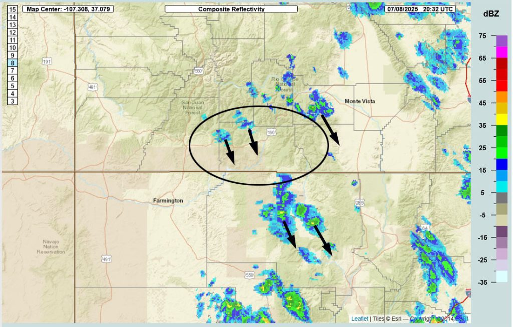 Radar at 2:32pm Tuesday – There are a couple of weak showers moving towards the southeast.