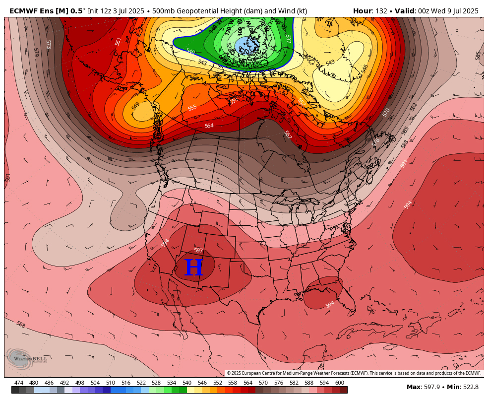 The '25 Monsoon Forecast for Pagosa - July Update! 5 EUR 500 MB Jul 8th 6pm