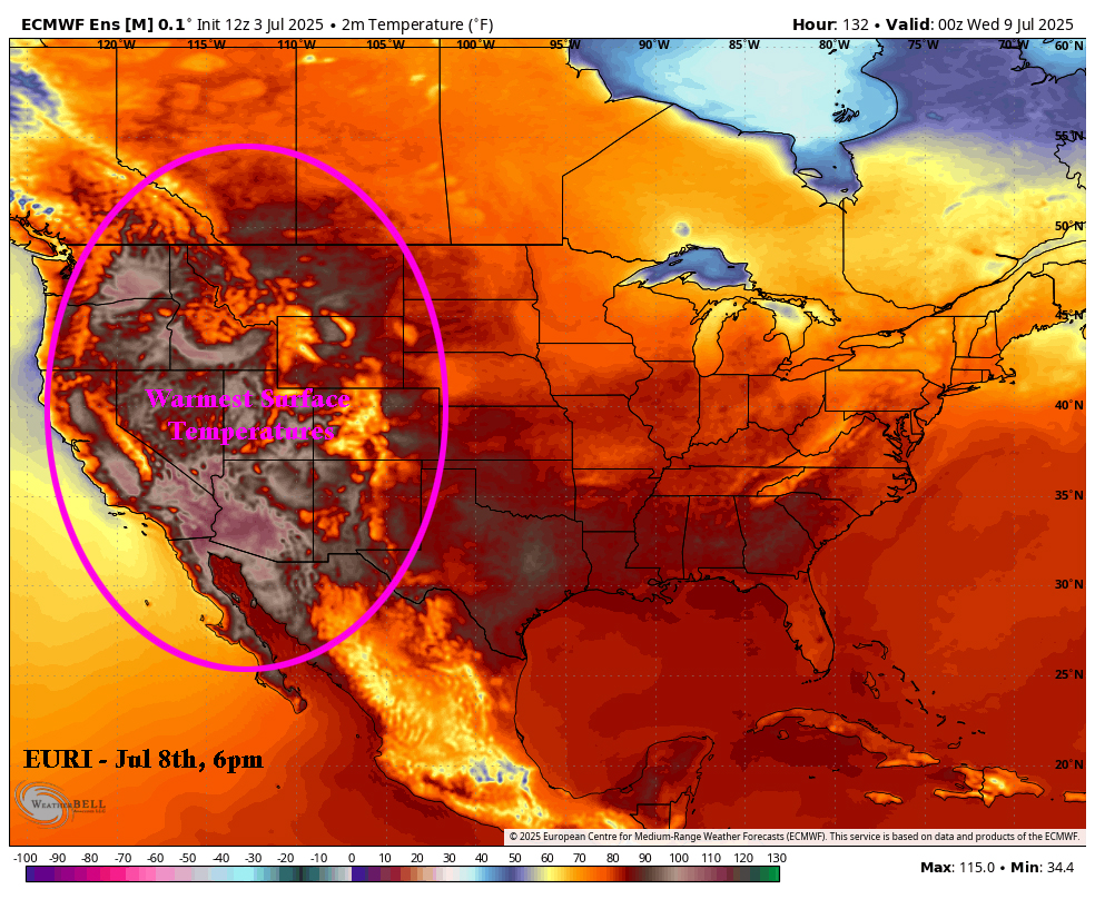 The '25 Monsoon Forecast for Pagosa - July Update! 1 EUR SFC Tmp Jul 8th 6pm