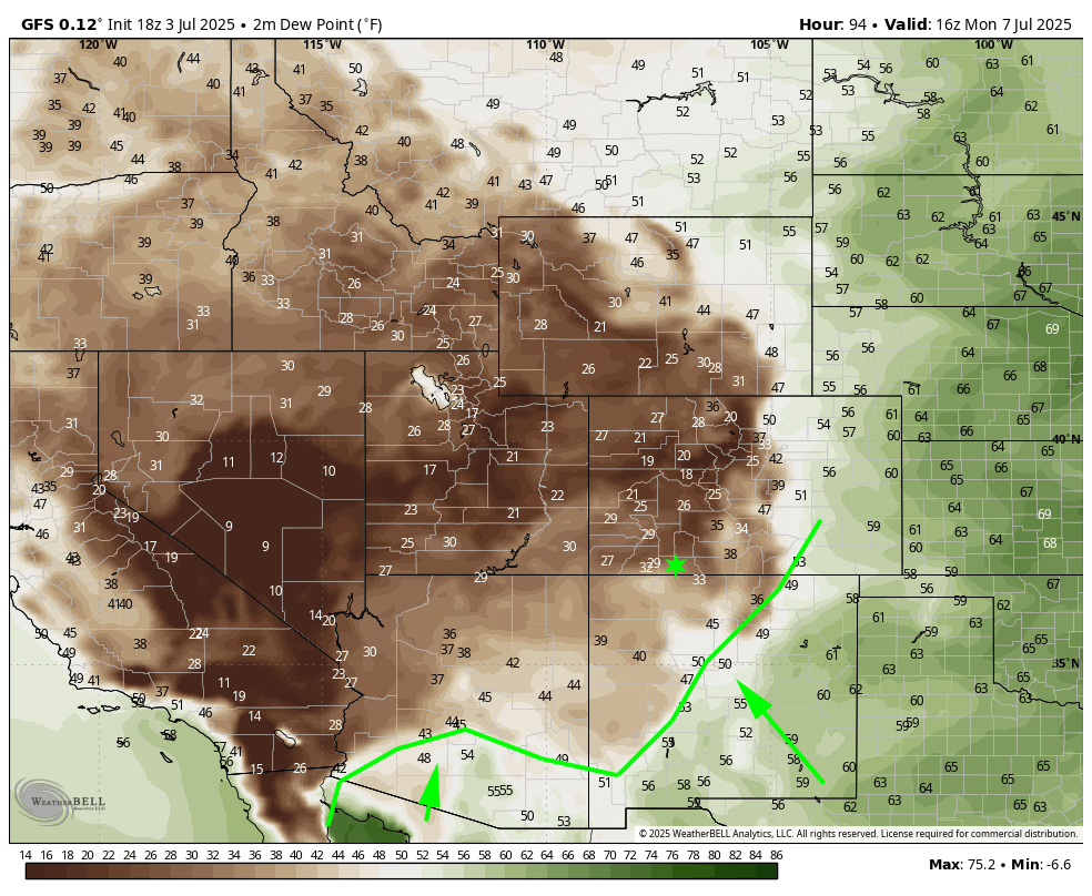 The '25 Monsoon Forecast for Pagosa - July Update! 8 GFS Dew Point Jul 17th 6pm
