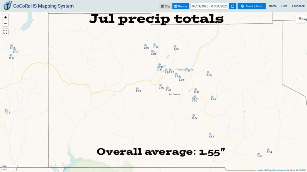 CoCoRaHS precip totals ranged from 0.45″ to 2.37″. 5 out of 23 locations were near or above the average of 2.01″.