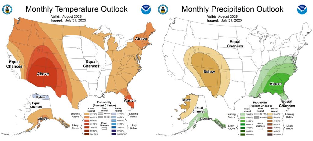 The CPC temp outlook for Jul on the left shows a 60-70% chance for above average temps.
The precip outlook on the right shows a 40-50% chance for below average average precip.