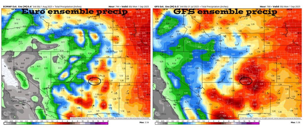 Euro ensemble precip on the left expects 2.00″ of precip for Aug and the GFS ensemble precip on the right expects 3.62″ – The Euro expects less than the average of 2.69" and the GFS expects considerably more than average.