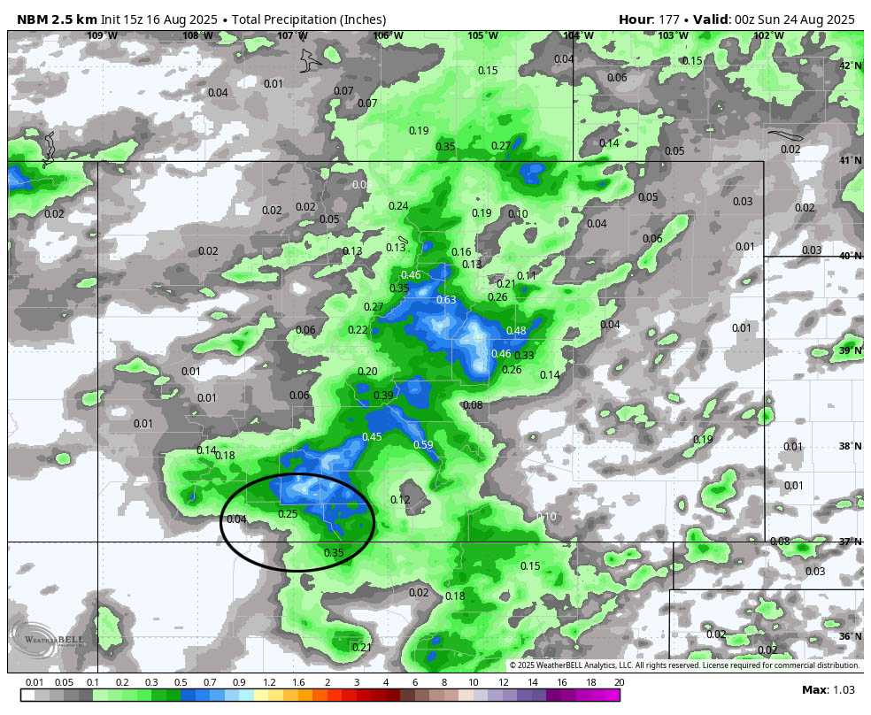 Mostly dry, sunny, and warm through Thursday… 5 NBM precip to next Saturday evening shows 0.25” near Pagosa and up to 0.75” in our mountains. Most of this is expected Friday and next Saturday.