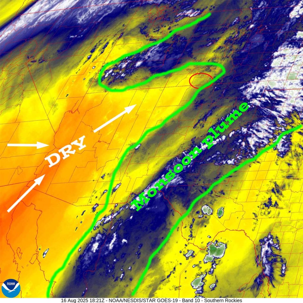 Mostly dry, sunny, and warm through Thursday… 3 Water vapor satellite around noon Saturday – The monsoon plume, outlined in green, is being pushed to our east. We’re stuck with mostly dry, stable air through Thursday.