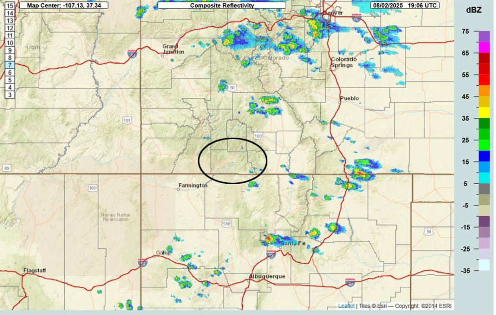 Radar at 1:06pm Saturday – A couple of weak showers have popped over the mountains in the southeast corner of Archuleta County. Otherwise, most of the action is to our east.