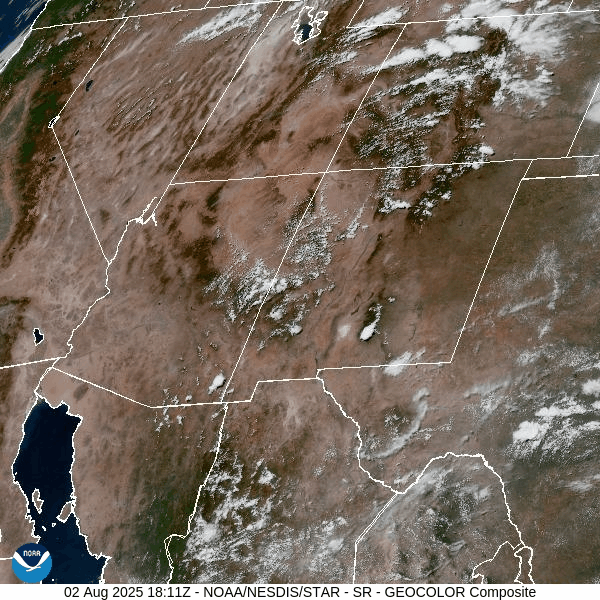 Visual satellite roughly noon to 1pm Saturday – Flow is still out of the southwest but will become more westerly. Small cumulus clouds have developed on our side of The Divide. The best moisture and instability is mostly on the other side of The Divide.