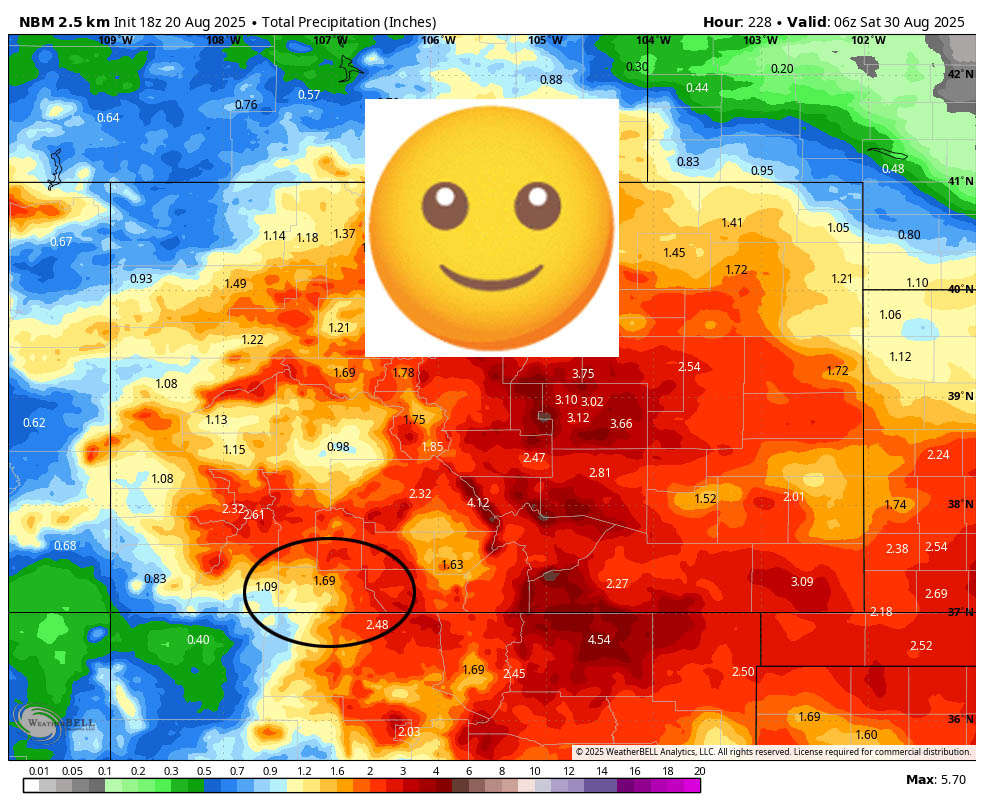 Two more warm, mostly dry days and then moisture moves in… 4 NBM precip to next Friday evening shows 1.69” near Pagosa and up to 2.75” in our mountains. Precip trends have gone with nearly every forecast model expecting over 1” of rain during this period.