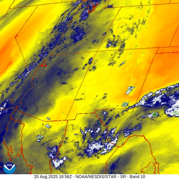 Two more warm, mostly dry days and then moisture moves in… 2 Water vapor satellite loop from roughly 12:50pm to 1:50pm on Wednesday – The high is centered over the Four Corners. That puts us on the more stable east side of the high. Moisture and instability will increase starting Friday.