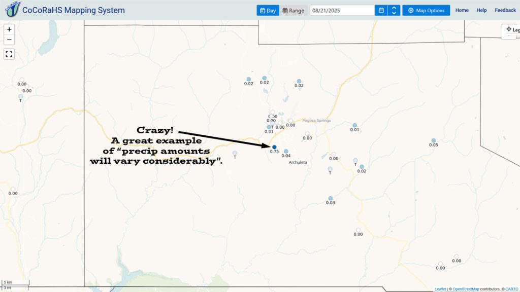 Late Wednesday afternoon a cell parked over Rick’s house in Pagosa Meadows and dumped 0.75”! The rest of the county hardly got anything.