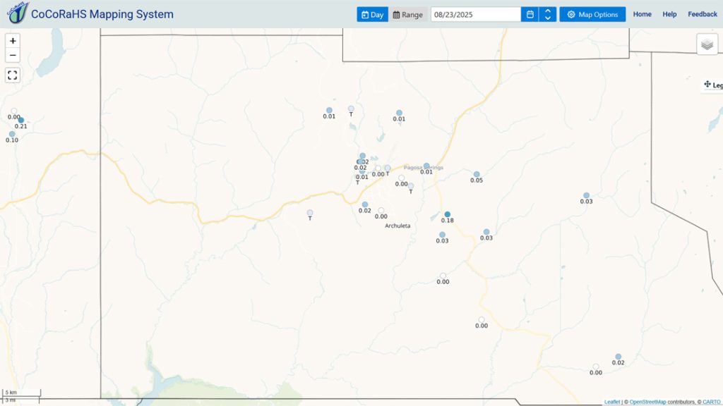 CoCoRaHS 24hr precip reported Saturday morning ranged from zero to 0.18”. Most folks reported less than 0.05”.