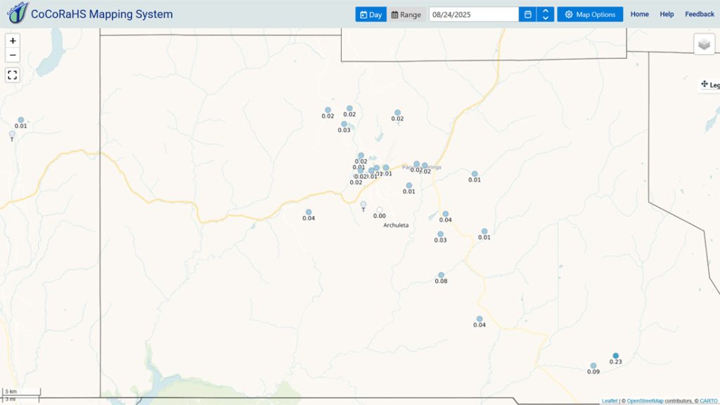 CoCoRaHS 24hr precip reported Sunday morning ranged from zero to 0.23”. Most folks reported less than 0.05”.
