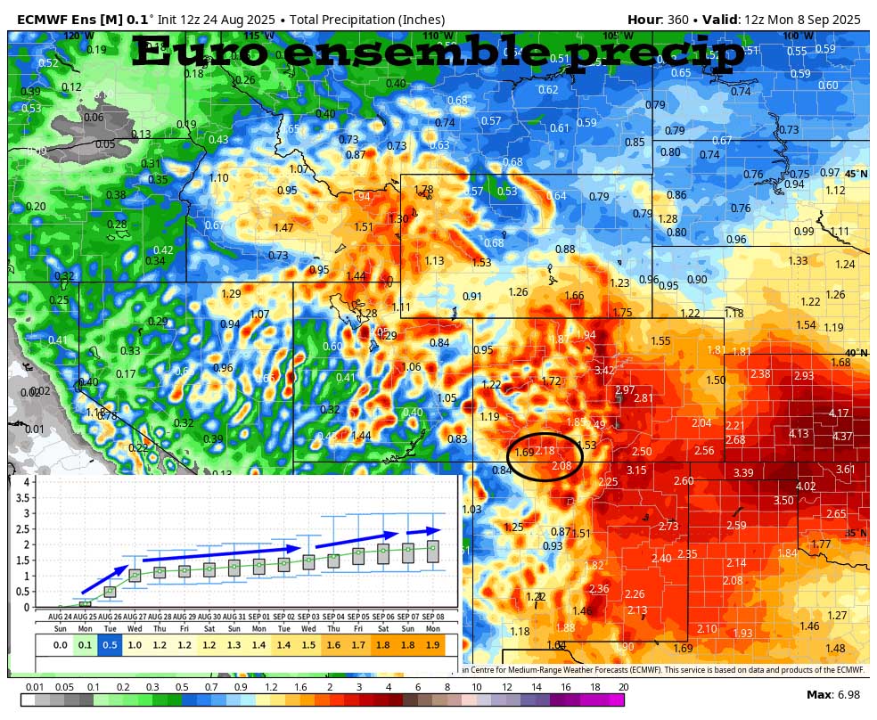 Euro ensemble precip to 8 Sep at 6am shows 2.18” in the Pagosa area. The inset shows precip amounts for each day with today on the left and 8 Sep on the right. Most of the precip is expected between now and Wednesday evening and then there’s a slow-steady upward trend. It’s all convective precip so amounts will vary considerably.