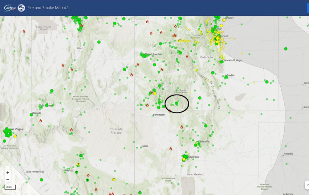 Fire and smoke map on Sunday afternoon – Smoke is minimal over southwest Colorado.  Air quality in the Pagosa Springs area is good.
