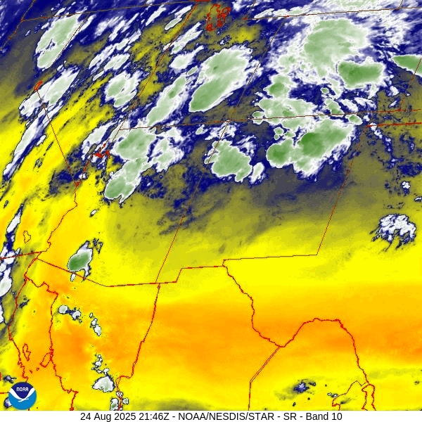 Water vapor satellite loop from roughly 3:40pm to 4:40pm on Sunday – The monsoon is set up over the region. Unfortunately for most of Archuleta County, blow-off cirrus clouds from the first few showers and thunderstorms today, blocked the sun and robbed the next round of potential storms of energy.
