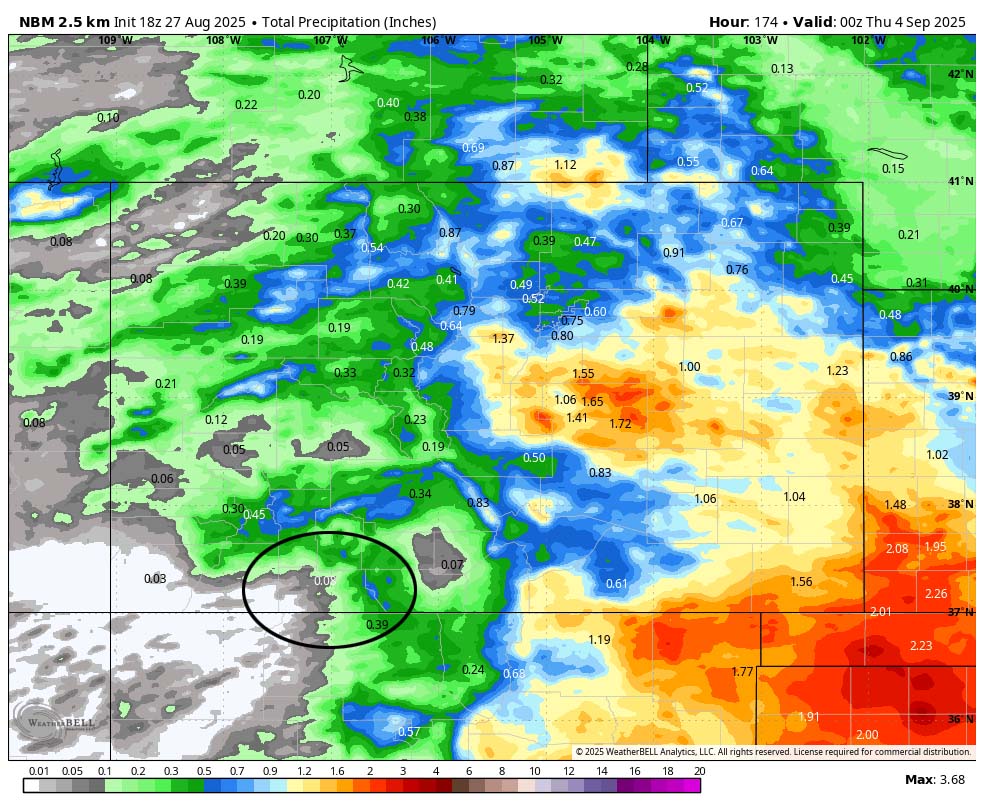 NBM precip to next Wednesday evening shows 0.08” near Pagosa and up to 0.60” in our mountains.