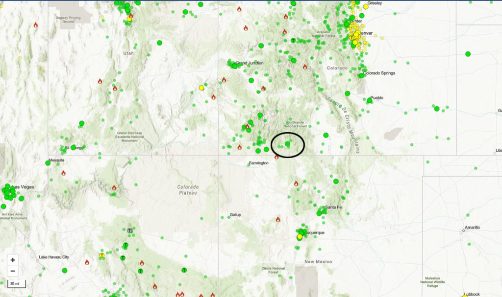 Fire and smoke map late Wednesday morning – Smoke is minimal over southwest Colorado.  Air quality in the Pagosa Springs area is good.