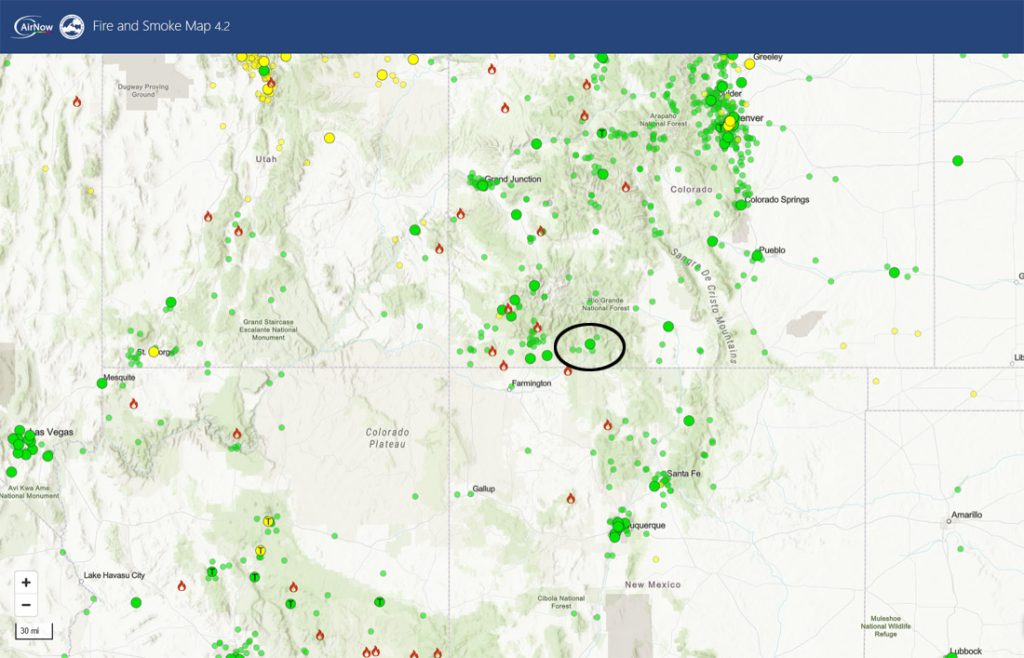 Juliette moves through today and then a weak monsoon pattern persists … 2 Fire and smoke map late Friday morning – Smoke is minimal over southwest Colorado. Air quality in the Pagosa Springs area is good.