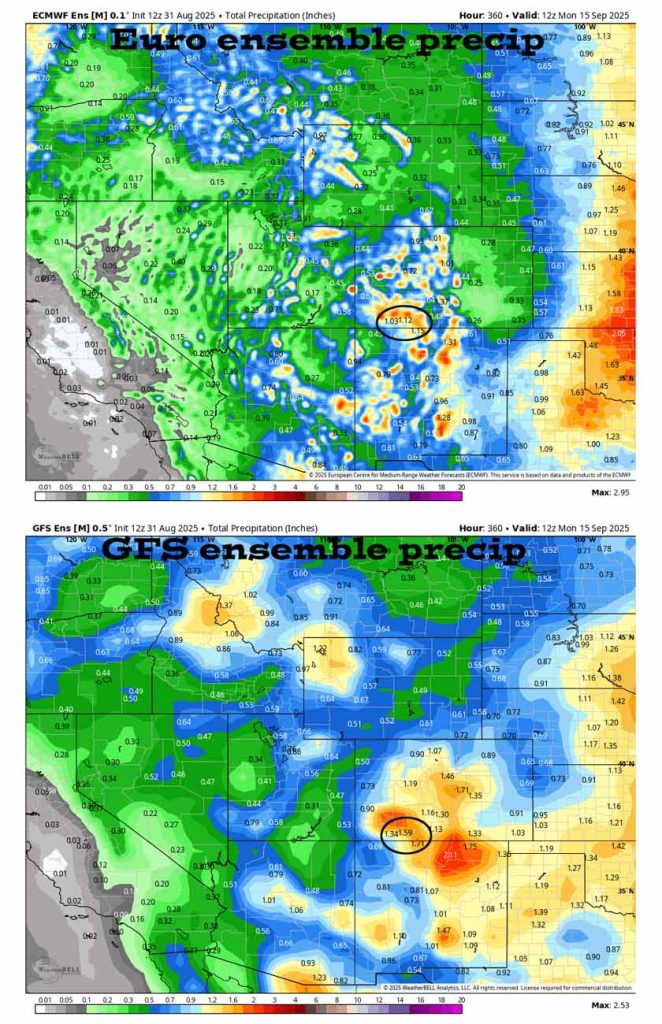 On the top, Euro ensemble precip to 15 Sep at 6am shows 1.12” in the Pagosa area. On the bottom, GFS ensemble precip shows 1.59”. I’d be surprised if we get this much. It’s all convective precip so amounts will vary considerably.