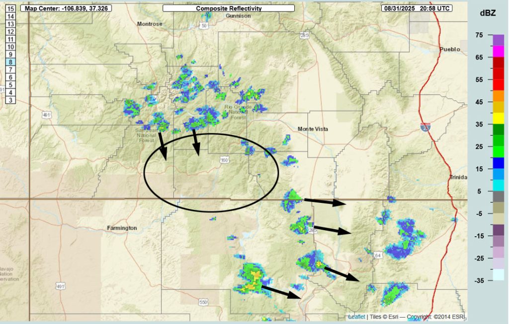 Radar at 3pm Sunday – There are a few weak showers in the region. The showers north of Archuleta County are moving towards the south-southeast while the showers of Archuleta County are moving towards the east-southeast.