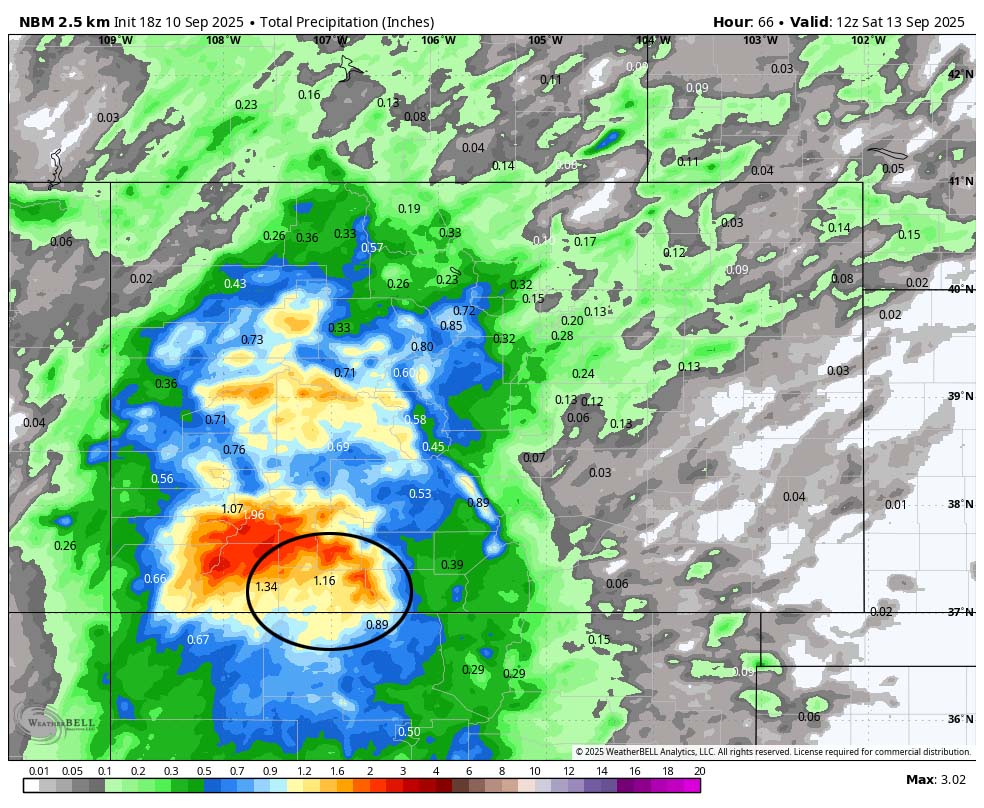 NBM precip to Saturday evening shows 1.21”” near Pagosa and up to 2.25” in our mountains. Most of this is expected Thursday night into Friday evening.