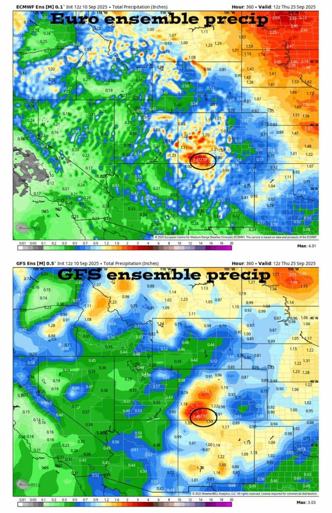 On the top, Euro ensemble precip to 25 Sep at 6am shows 2.59” in the Pagosa area. On the bottom, GFS ensemble precip shows 2.33”. I don’t trust the models. I think they continue to over-forecast precip.