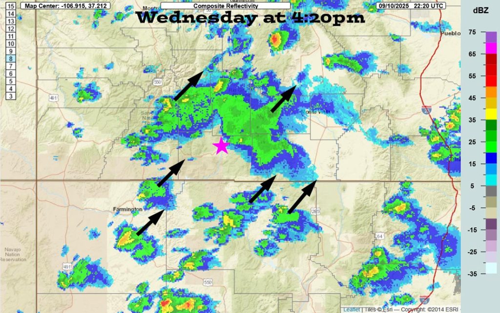Radar at 4:20pm Wednesday – Scattered showers and thunderstorms are moving towards the northeast. A good cell is exiting the northeast corner of Archuleta County. Hit and miss showers and thunderstorms are possible through the night.