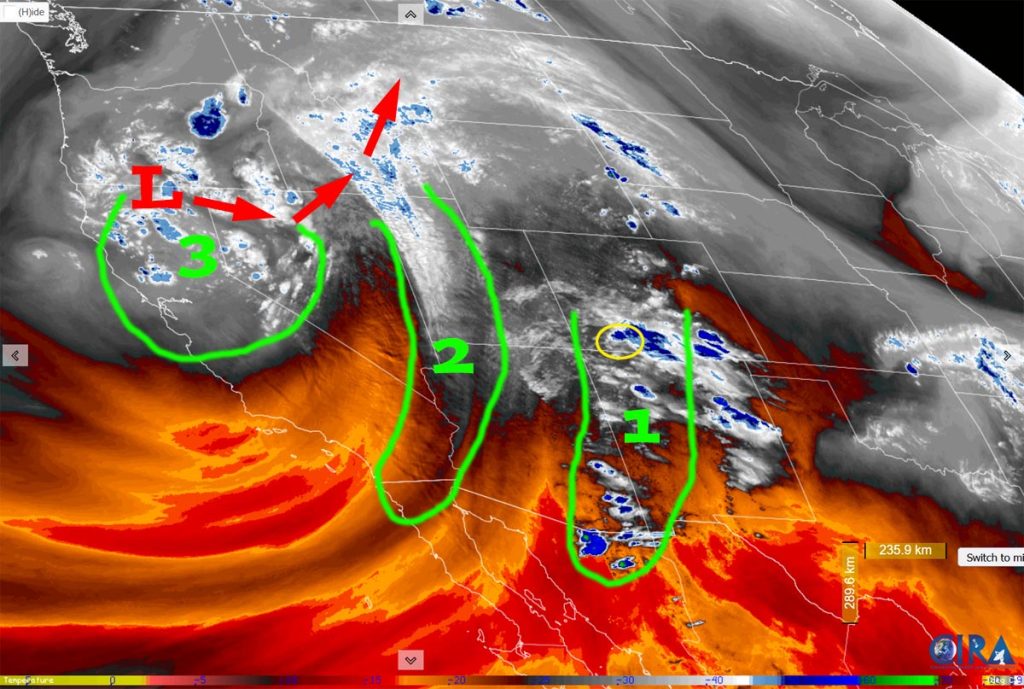 Water vapor satellite around 4pm Wednesday – Upper-level flow out of the south and southwest around the low over northern CA is funneling moisture and instability into our area. Round 1 is today. Round 2 is Thursday. And then round 3 is Friday into Saturday.