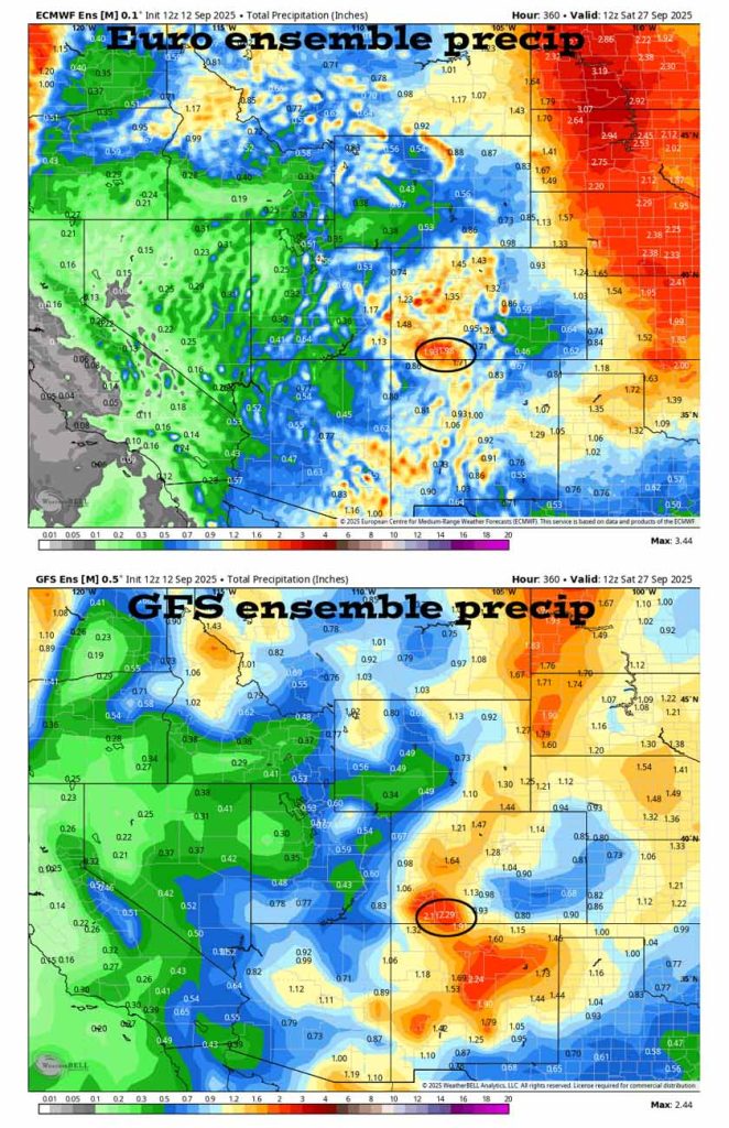 On the top, Euro ensemble precip to 27 Sep at 6am shows 1.98” in the Pagosa area. On the bottom, GFS ensemble precip shows 2.29”. I don’t trust the 7-15 day period in the models. I think they continue to over-forecast precip.