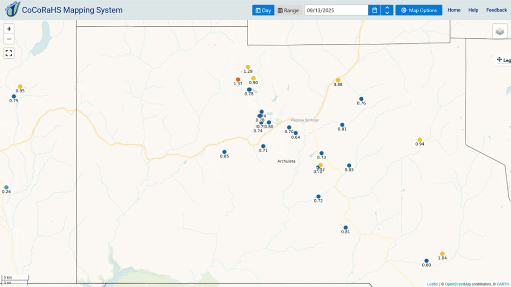 CoCoRaHS 24-hour precip reports on Saturday morning ranged from 0.64” 1.37”.