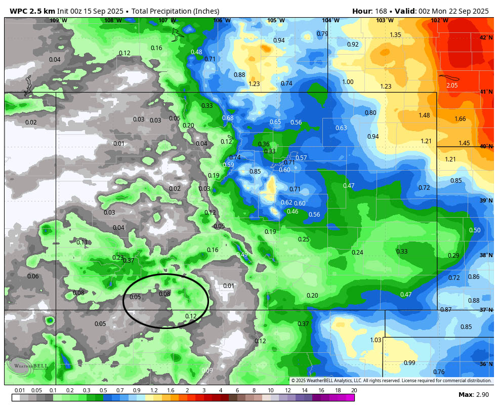 WPC precip to next Sunday evening shows 0.08”” near Pagosa and up to 0.25” in our mountains. Most of this is expected Saturday and Sunday afternoons.