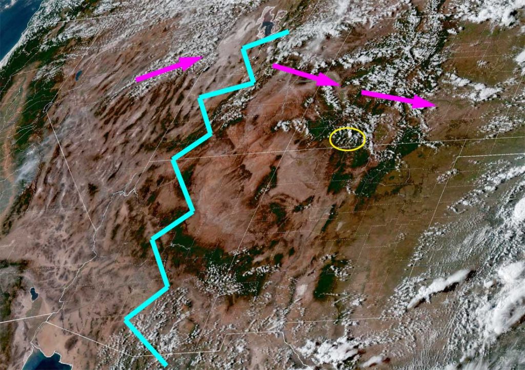 Visual satellite late Sunday afternoon – Ridging – jagged blue line – is pushing drier air into the region. Upper-level flow is out of the west across CO. There are lots of little cumulus over the mountains.
