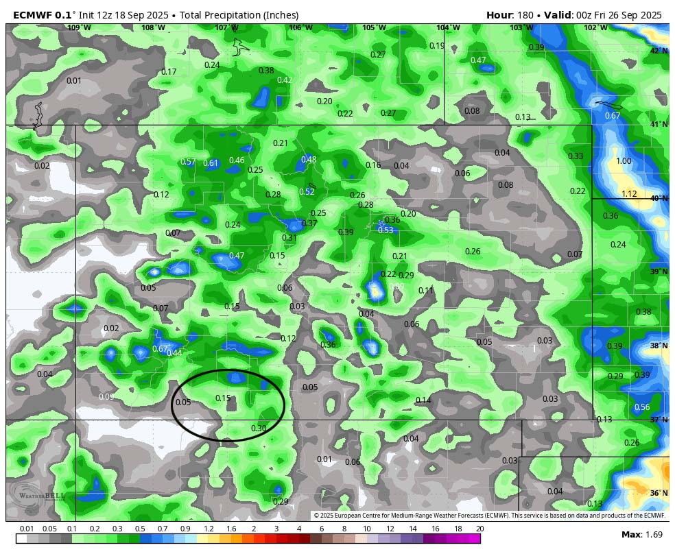 A few spotty afternoon storms Friday and Saturday… 3 Euro precip to next Thursday evening shows 0.15”” near Pagosa and up to 0.50” in our mountains. Most of this is expected Friday and Saturday.