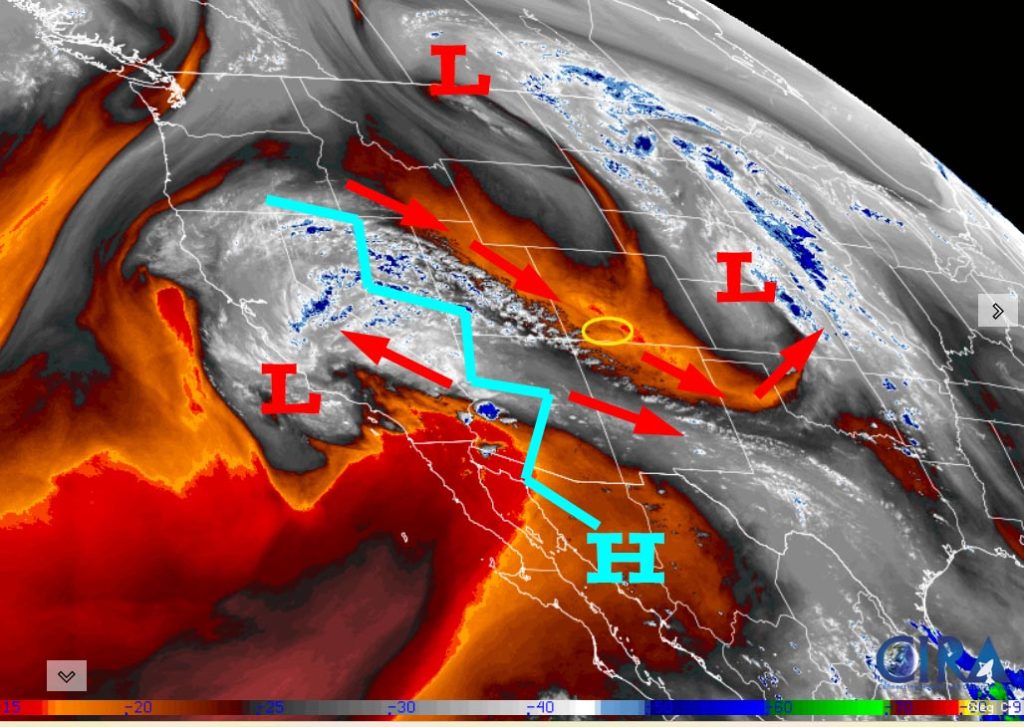 A few spotty afternoon storms Friday and Saturday… 2 Water vapor satellite late Thursday afternoon – Dry upper-level flow out of the northwest is giving us great weather today. Tomorrow and Saturday some of the moisture currently over CA will move through our area and kick up a few afternoon storms.