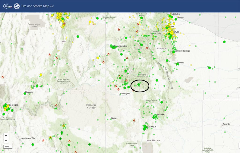 Could get a good soaking Friday and Saturday … 2 Fire and smoke map late Sunday afternoon – Smoke is minimal over southwest Colorado. Air quality in the Pagosa Springs area is good.