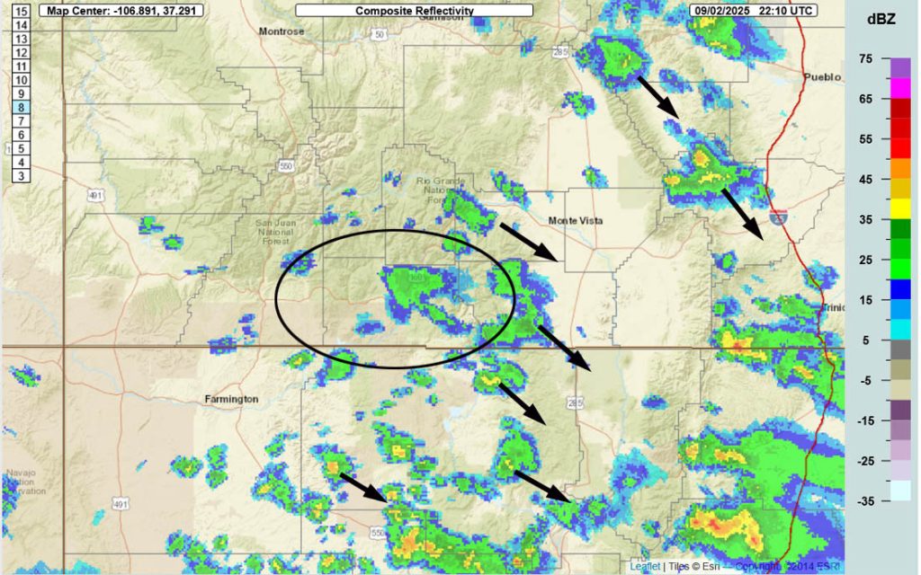 Could get a good soaking Friday and Saturday … 5 Radar at 4:10pm Tuesday – There is a weakening shower moving through Pagosa as I type. It rained pretty good over parts of northern Archuleta County around 3pm. There was also a lot of lightning. Showers are moving towards the southeast.