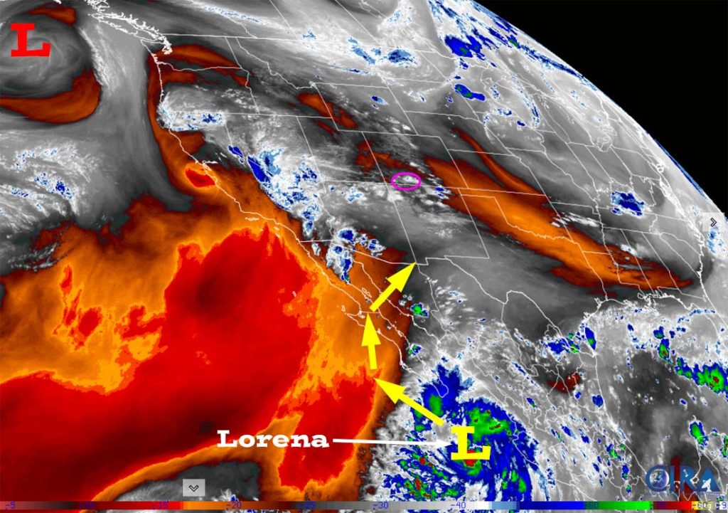 Could get a good soaking Friday and Saturday … 3 Water vapor satellite Tuesday afternoon – There is a little surge in monsoon moisture today and then we’ll dry out a bit Wednesday and Thursday. I’m keeping an eye on Lorena.
