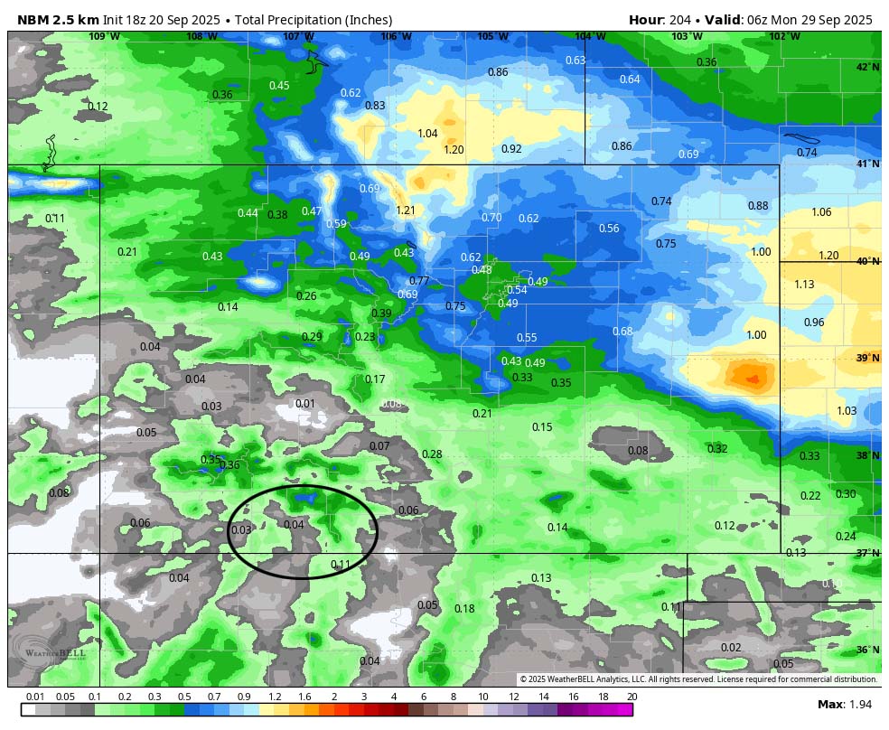 Mostly pleasant fall weather… 4 NBM precip to next Sunday evening shows 0.04”” near Pagosa and up to 0.50” in our mountains. Most of this is expected next weekend. The higher precip amounts across northern CO and southeastern WY are from the trough on Monday and Tuesday.