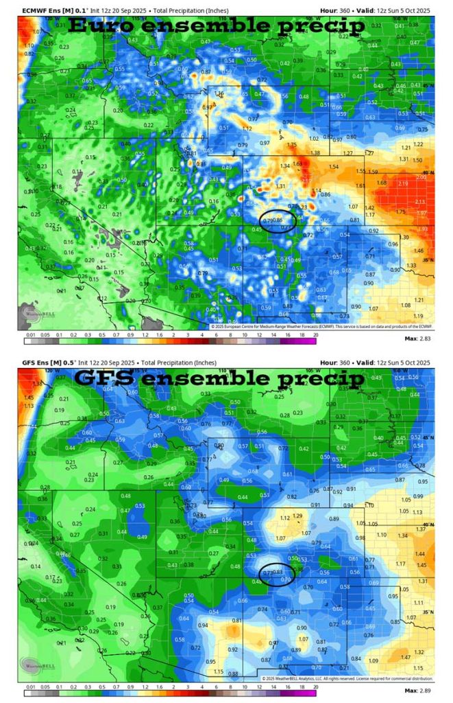 Mostly pleasant fall weather… 5 On the top, Euro ensemble precip to 5 Oct at 6am shows 0.86” in the Pagosa area. On the bottom, GFS ensemble precip shows 0.83”. The models are all over the place so I don’t trust them.