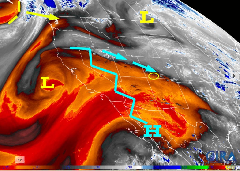 Mostly pleasant fall weather… 2 Water vapor satellite Saturday afternoon – We are on the south edge of a moist, unstable plume moving through from the northwest. The trough currently off the Pacific NW Coast will move through northern CO Monday and kick up a few showers and thunderstorms.
