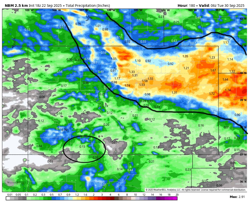Unsettled, nice, and then unsettled… 4 NBM precip to next Monday evening shows 0.15” near Pagosa and up to 0.75” in our mountains. Most of this is expected next weekend. Note the higher precip amounts across northeast CO from the trough on Monday and Tuesday.