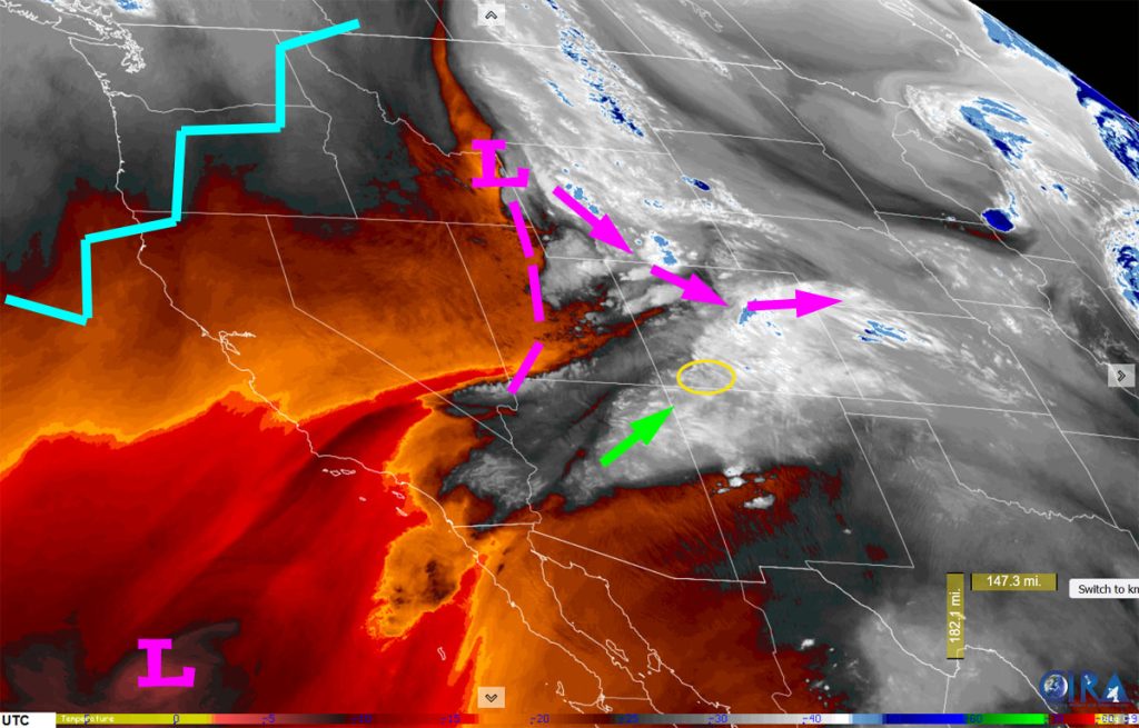 Unsettled, nice, and then unsettled… 1 Water vapor satellite Monday afternoon – A weak monsoon moisture plume is moving northeast into our area – green arrow. The low pressure system will move through northern CO Monday night and Tuesday and drop snow on the northern mountains. The ridge – jagged blue line – will give us great weather Wednesday and Thursday.