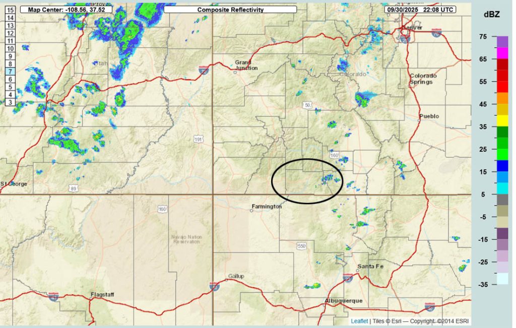 October could start off wet… 4 Radar at 4:08pm Tuesday – There are a few weak showers over the south San Juans moving towards east-northeast. There are more showers along the trough in UT. There won’t be much left of the trough when it moves through us later this evening.