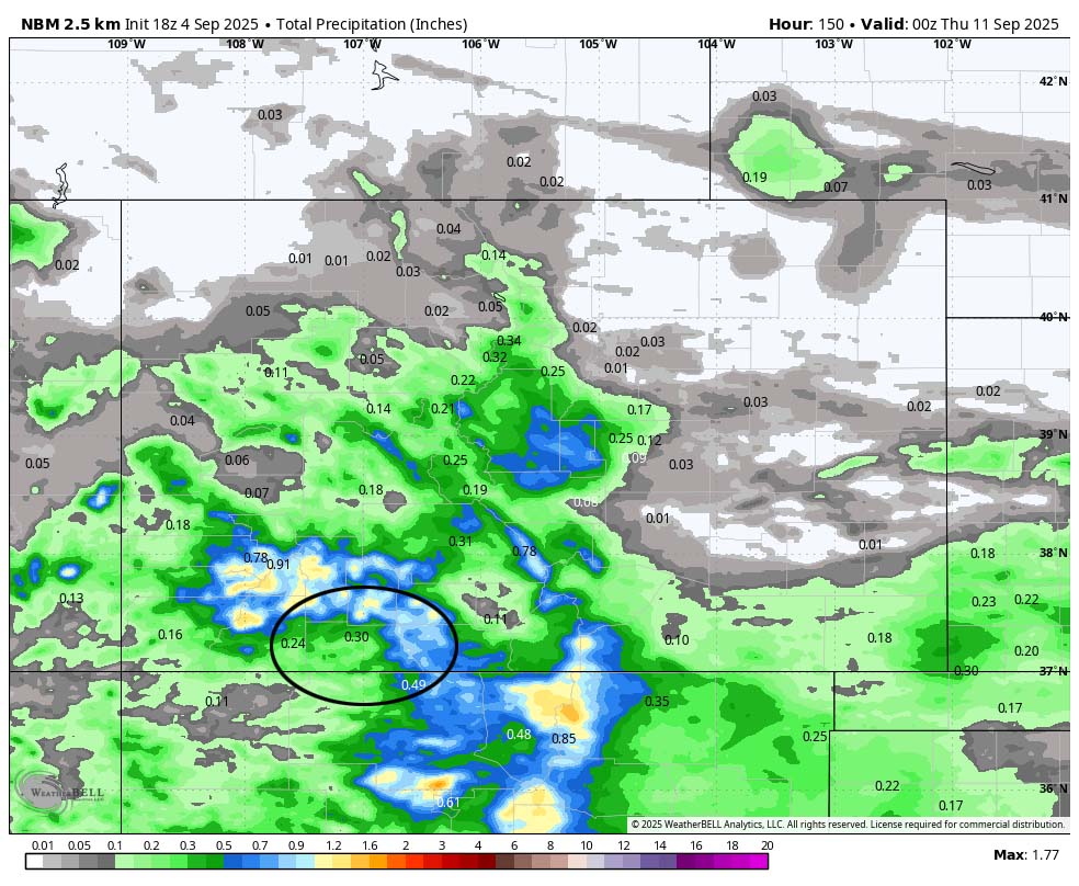 Scattered showers and thunderstorms through Saturday evening… 6 NBM precip to Wednesday evening shows 0.30” near Pagosa and up to 1.20” in our mountains. Most of this expected between now and Sunday evening.
