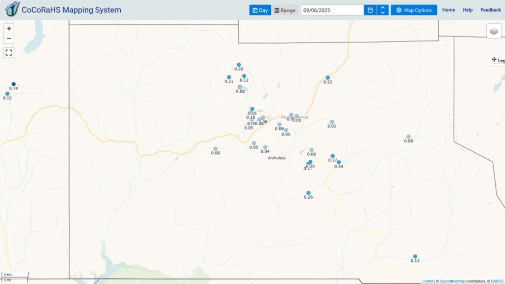 CoCoRaHS 24-hour precip reported Saturday morning ranged from 0.01” to 0.34”.