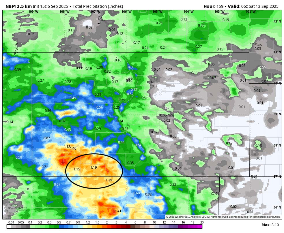 NBM precip to late Friday evening shows 1.19”” near Pagosa and up to 2.” in our mountains. Most of this is expected Wednesday afternoon into Friday afternoon.